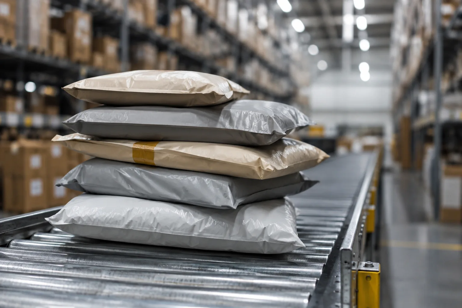 Paquetes de comercio electrónico transfronterizo apilados en un centro de distribución