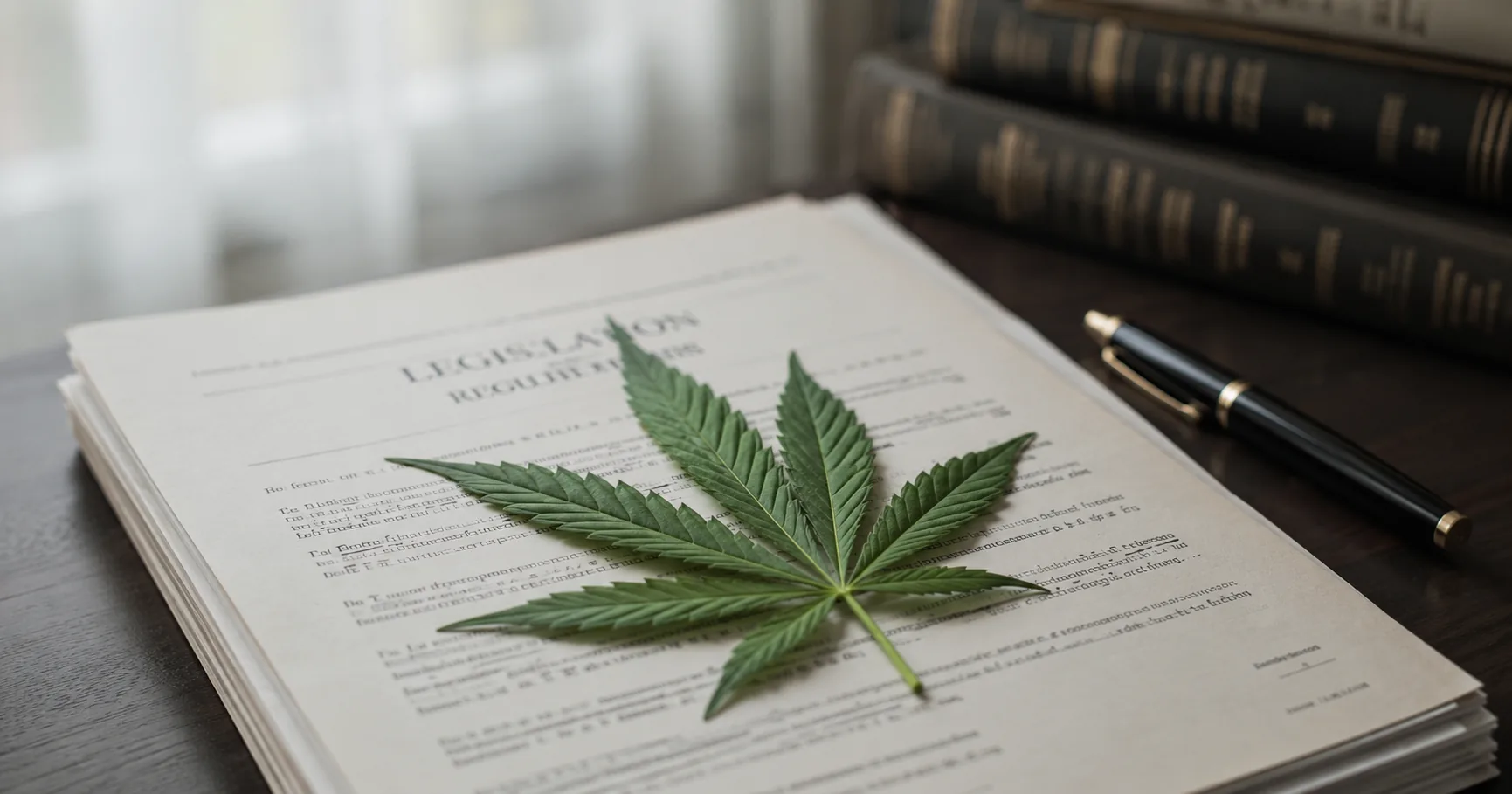Documento oficial y una planta de cannabis sobre un escritorio, referencia al debate legal en México