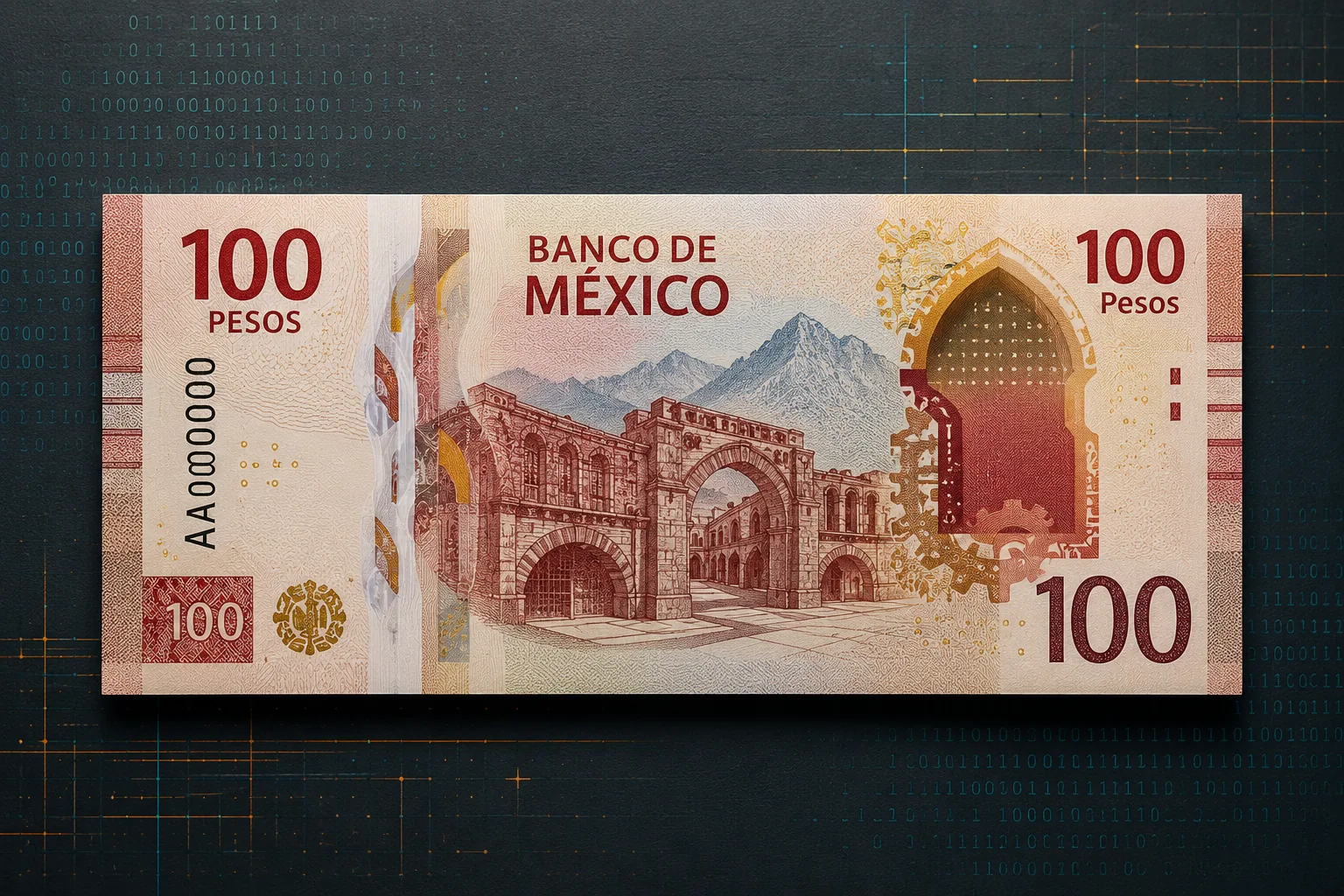 Billete de cien pesos mexicano junto a representación de código digital
