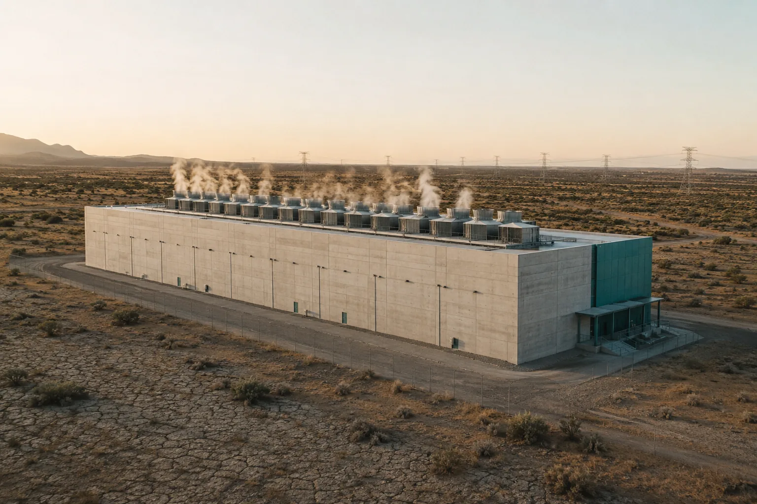 Nave industrial de centro de datos con torres de enfriamiento en una zona semiárida