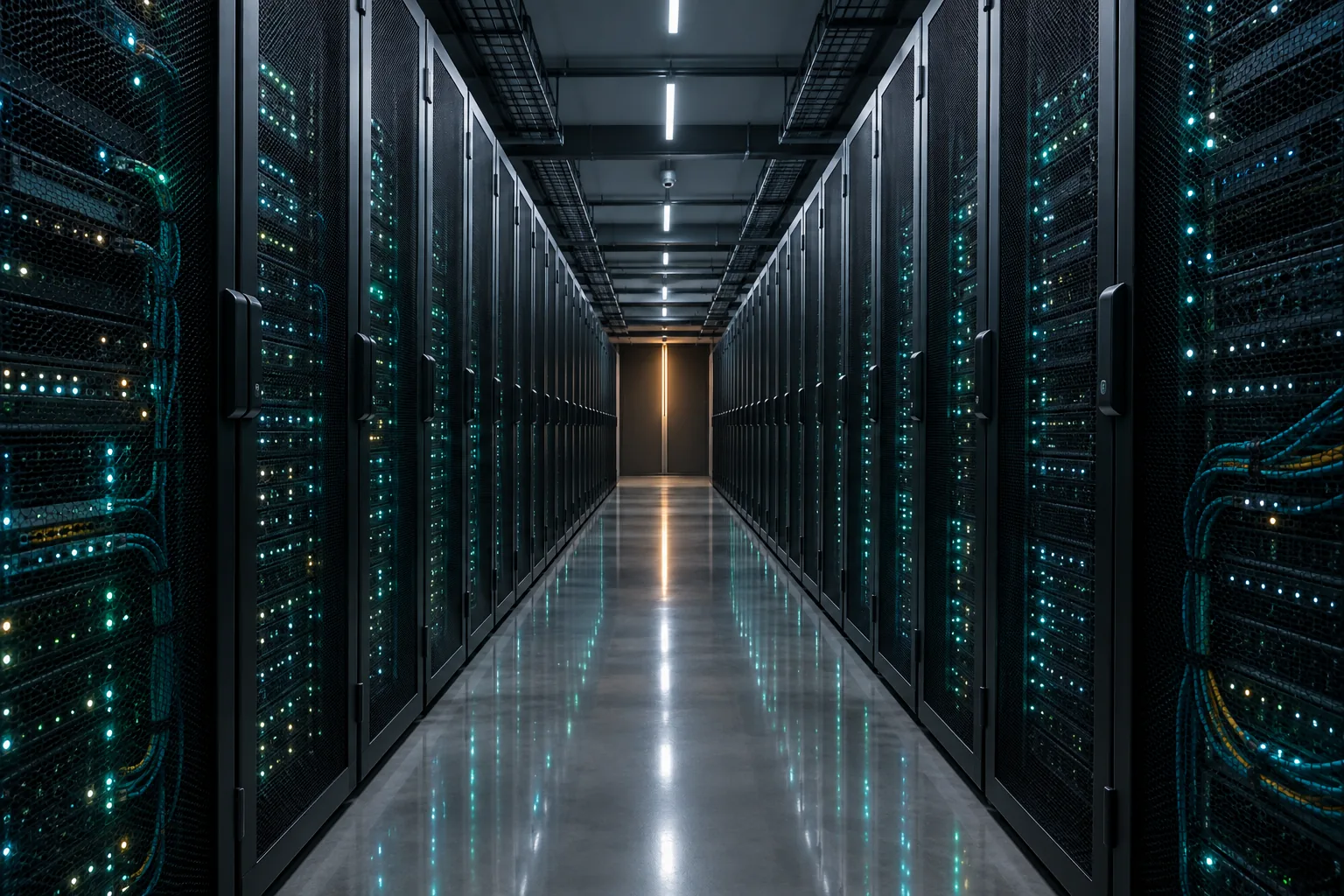 Racks de servidores con luces encendidas en un centro de datos