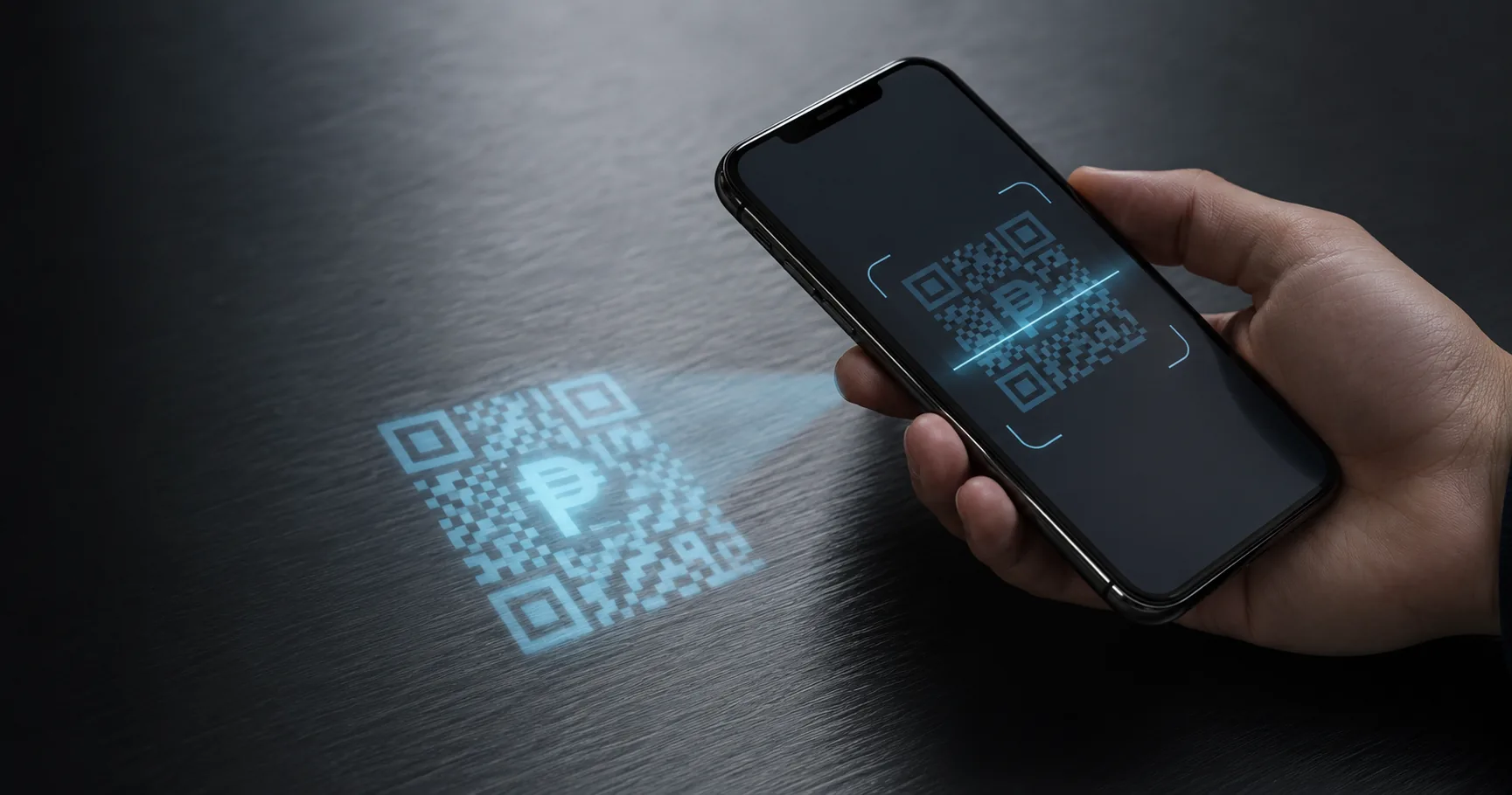 Teléfono escaneando un código QR de pago con el símbolo del peso mexicano