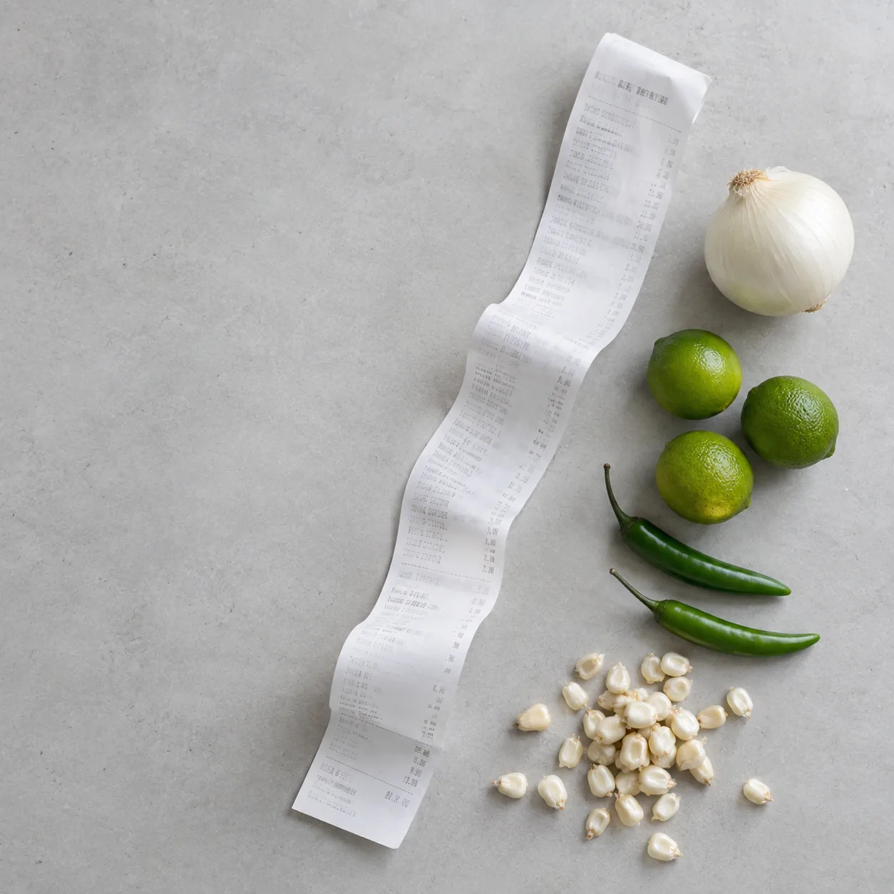 Ticket de supermercado junto a ingredientes de pozole sobre una mesa de cocina