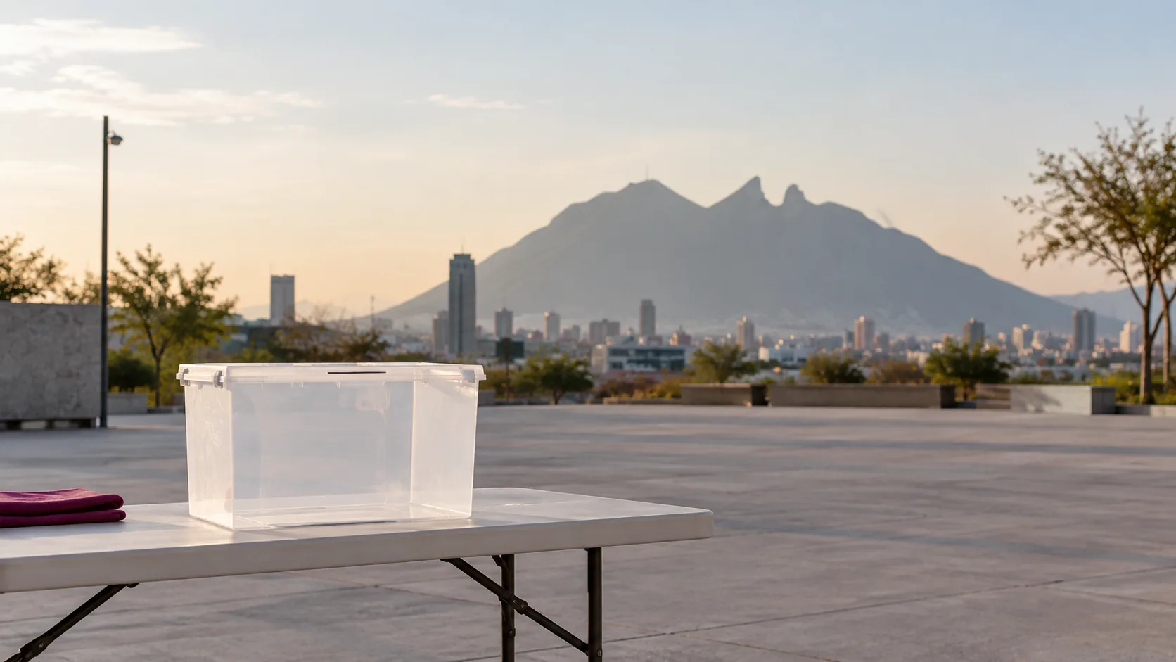 Urna electoral translúcida vacía en un espacio público de Monterrey con el Cerro de la Silla al fondo