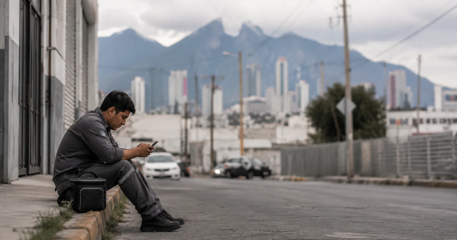 Joven trabajador con uniforme revisando su celular durante un descanso en la ciudad