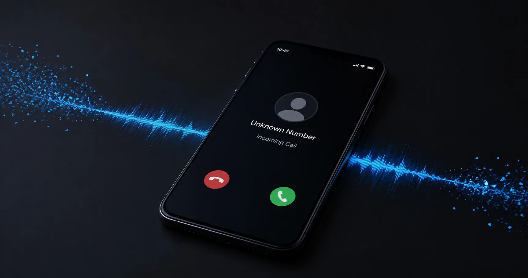 Teléfono celular mostrando llamada entrante desconocida con ondas de sonido digitales alrededor