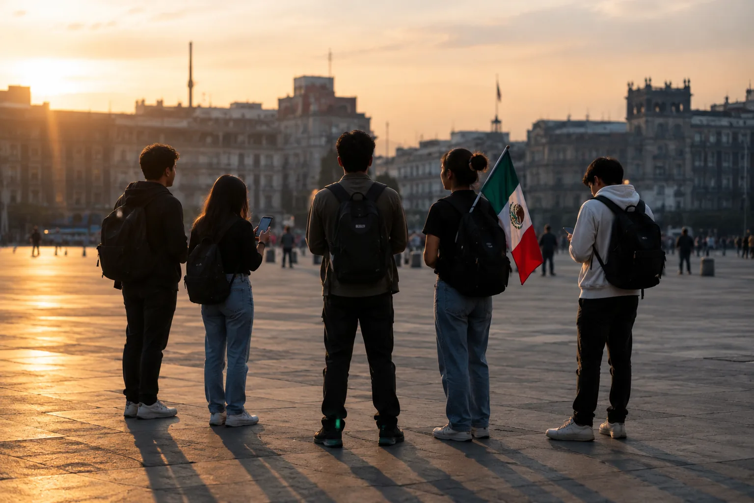 Grupo de jóvenes con banderas de México durante una celebración en una plaza pública