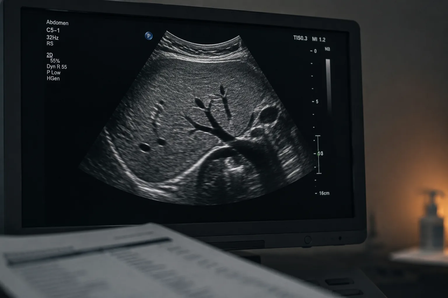 Pantalla de ultrasonido abdominal mostrando el hígado durante un estudio de rutina