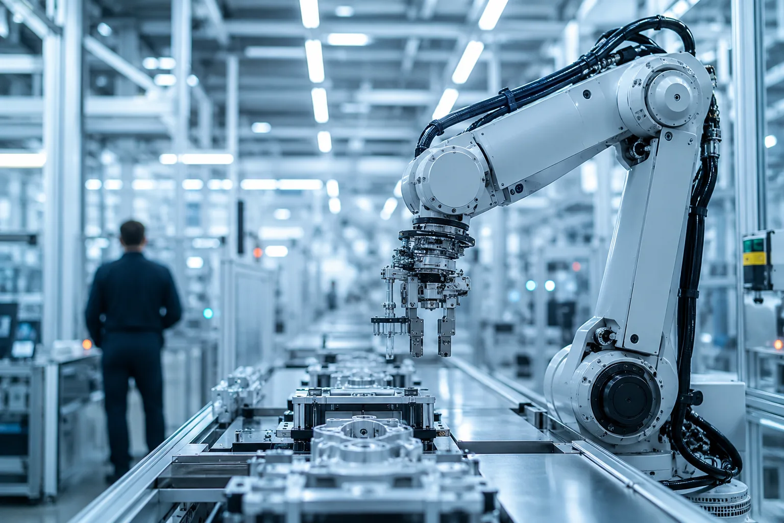 Trabajador de manufactura frente a pantalla con datos de automatización en planta de Nuevo León