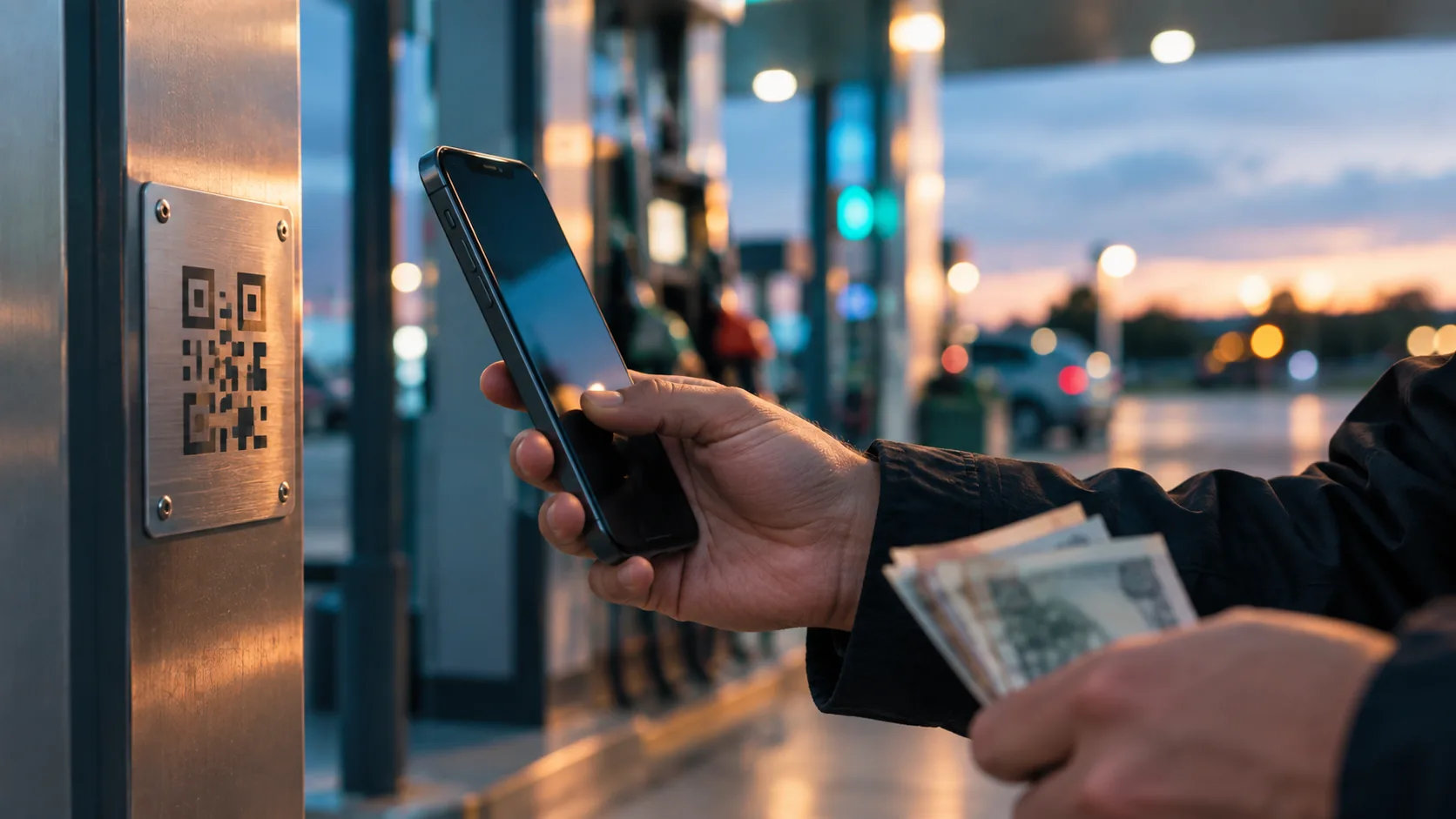 Mano sosteniendo un celular frente a un código QR en una gasolinera, con billetes en la otra mano