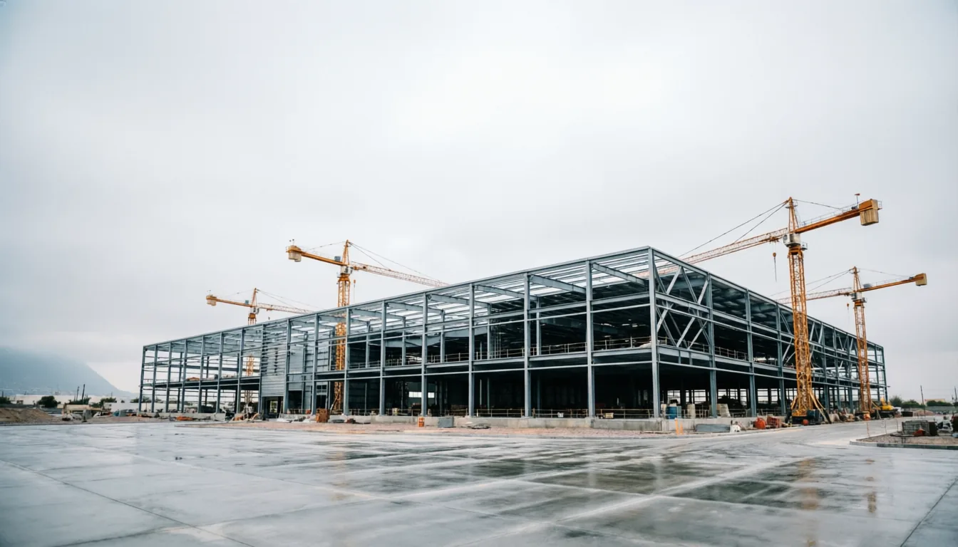 Planta industrial en el área metropolitana de Monterrey con grúas de construcción al fondo