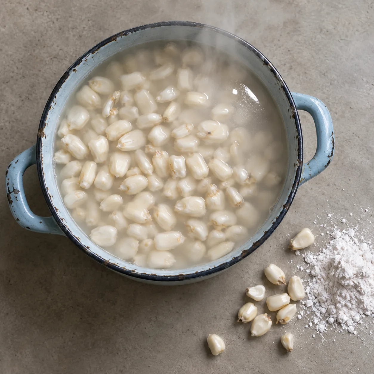 Granos de maíz cacahuazintle cociéndose con cal en una olla de peltre