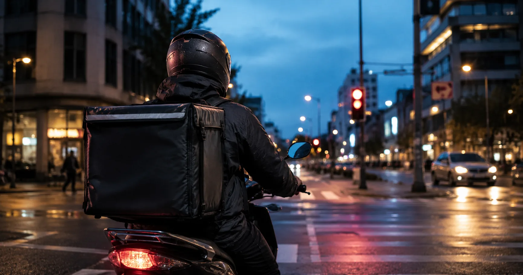 Repartidor en motocicleta con mochila térmica esperando en una calle de la ciudad