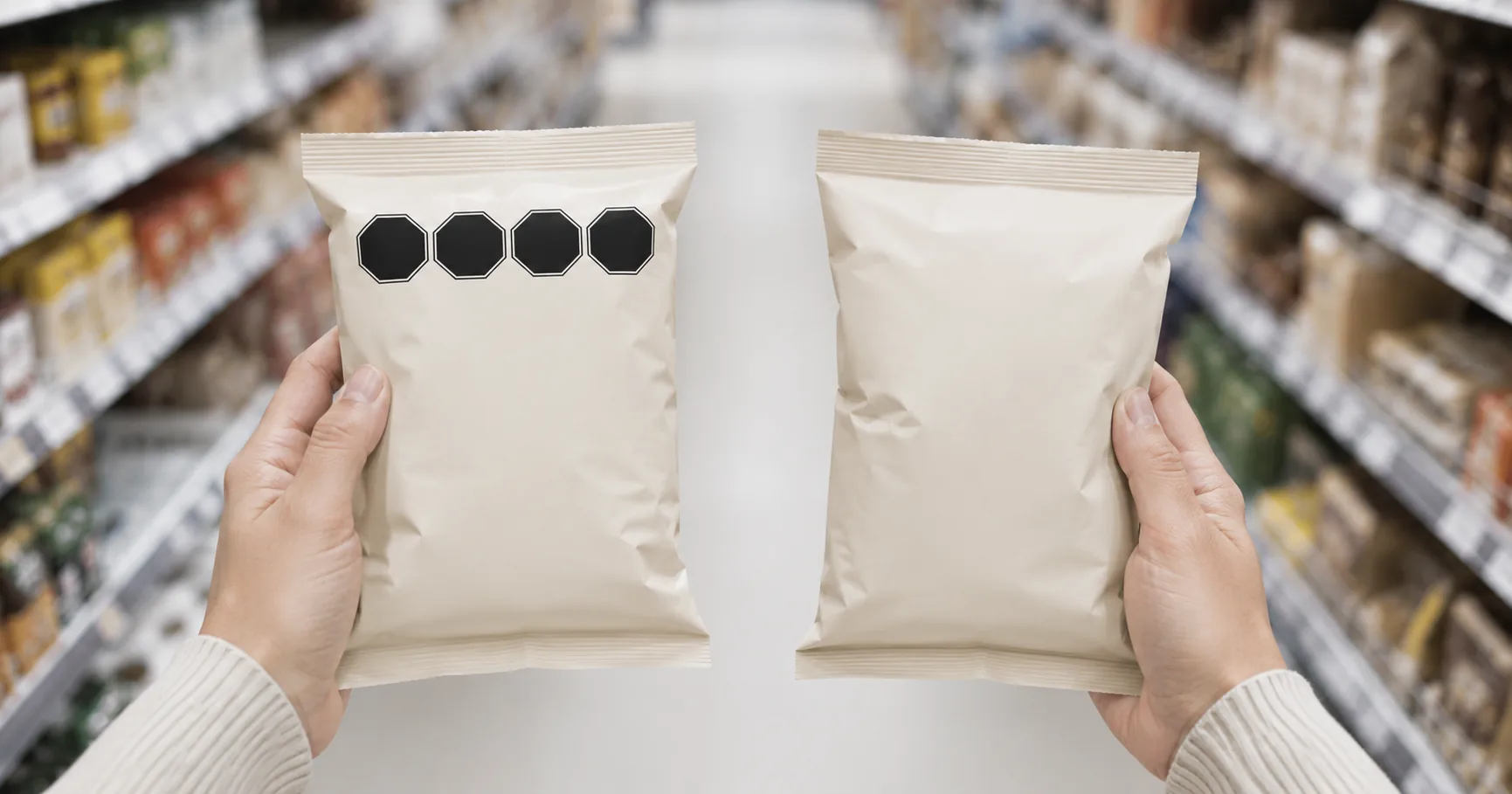 Empaque de producto ultraprocesado con sellos octagonales negros de advertencia