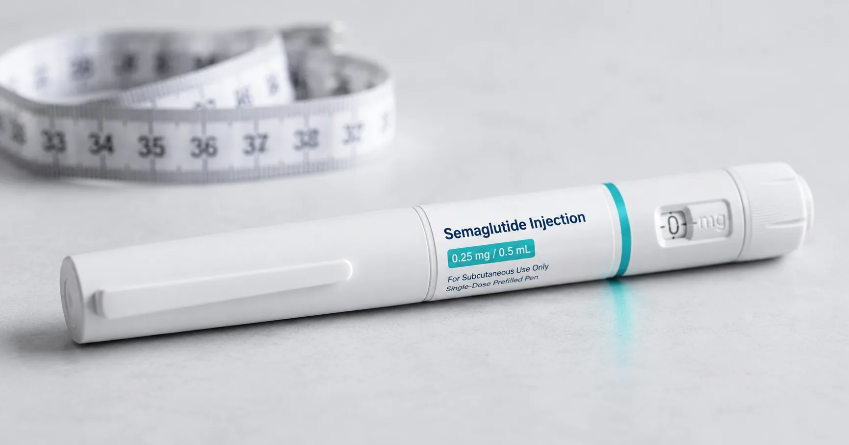 Pluma inyectable de semaglutida sobre fondo clínico con jeringa y caja de medicamento