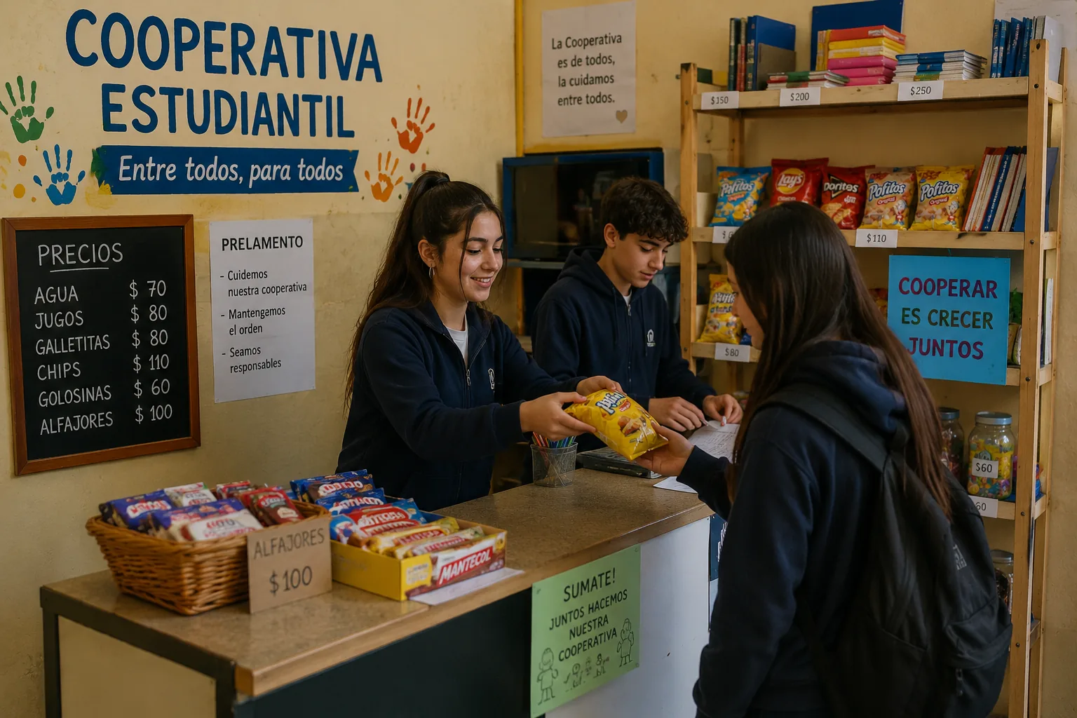 Cooperativa escolar mexicana con productos de botana en exhibidor