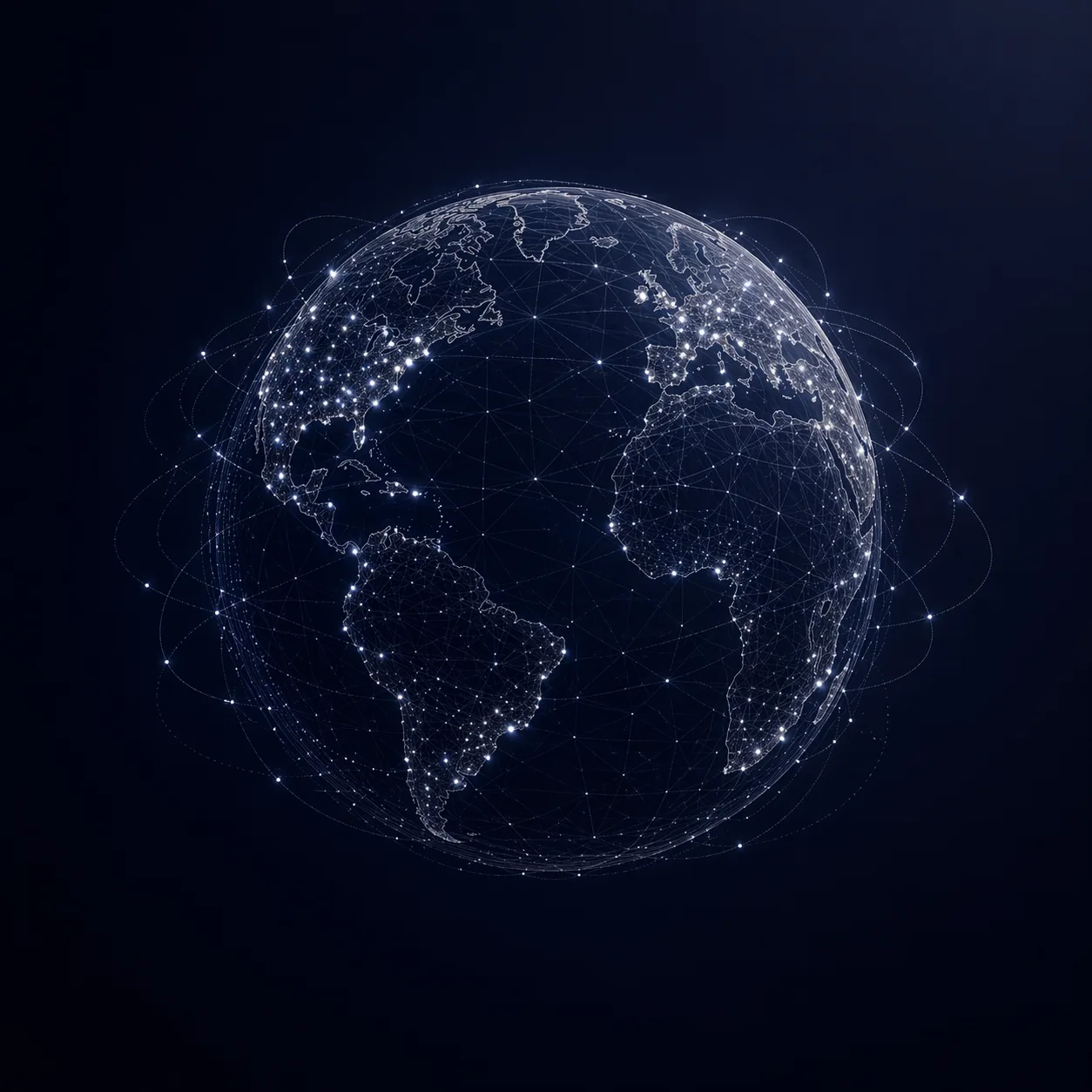 Red global distribuida con nodos de Cloudflare orbitando un globo minimalista