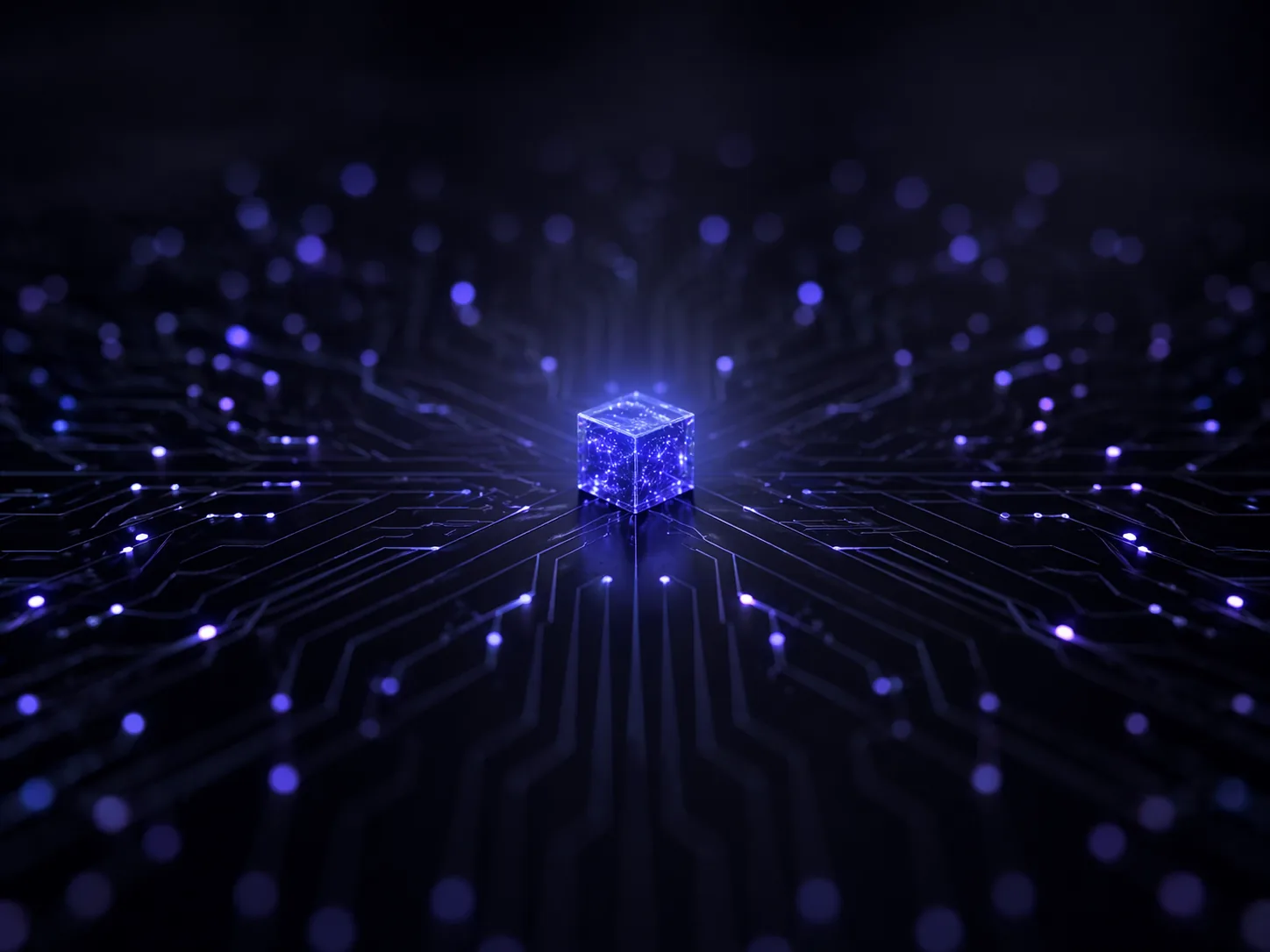 Arquitectura serverless representada como un cubo energético con trazos de circuito